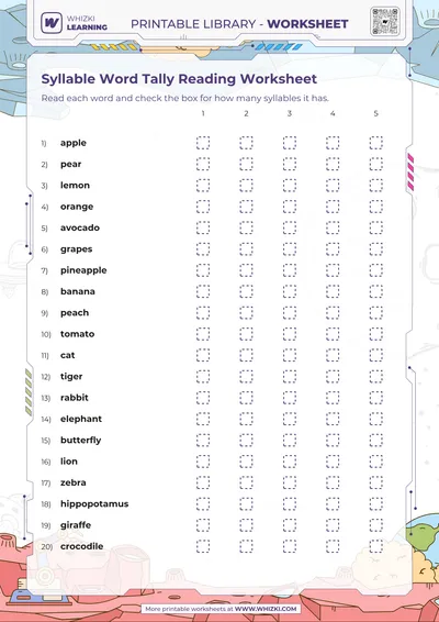 Syllable Word Tally Reading Worksheet