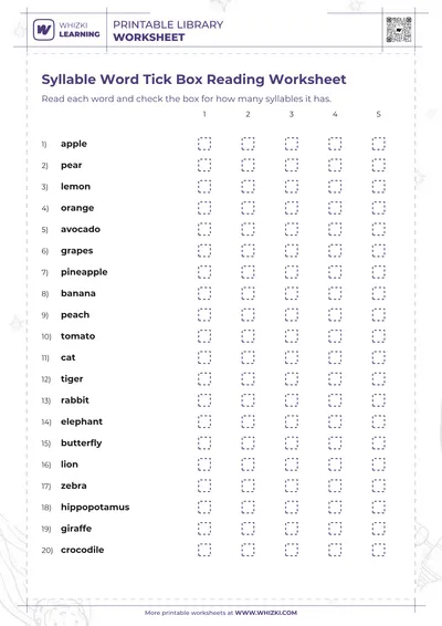 Syllable Word Tick Box Reading Worksheet