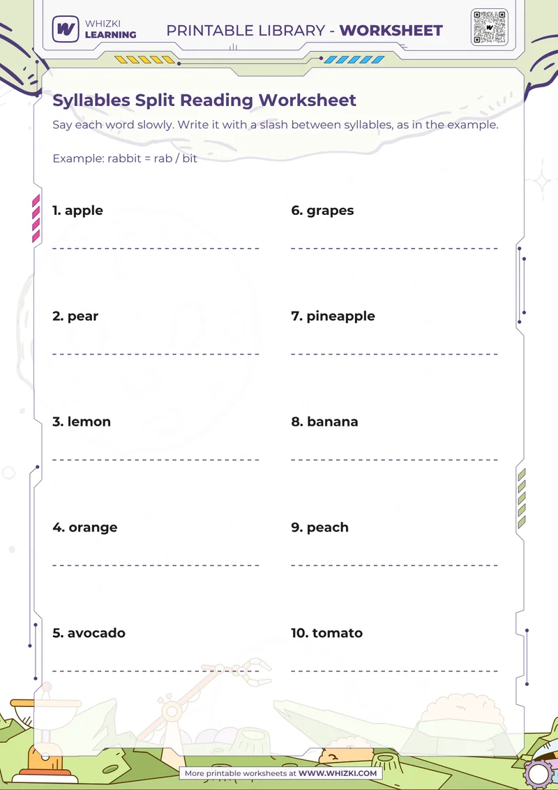 Syllables Split Reading Worksheet