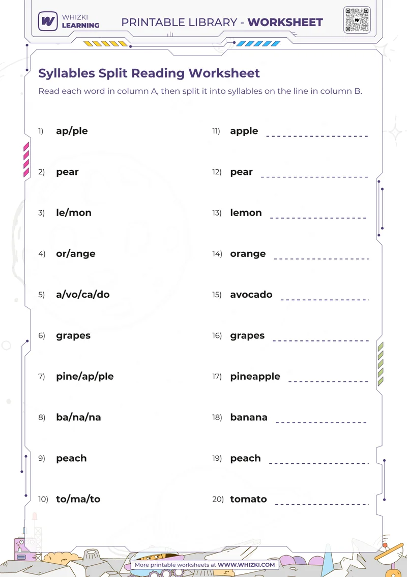 Syllables Split Reading Worksheet