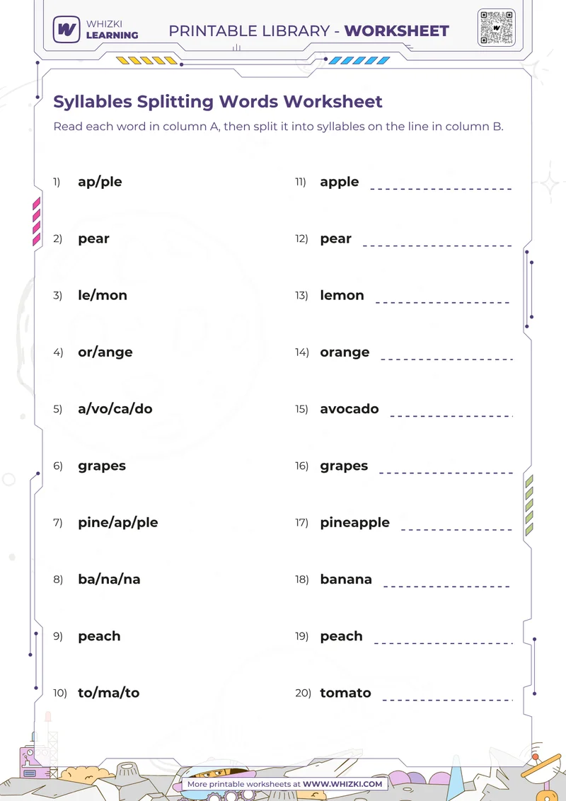 Syllables Splitting Words Worksheet