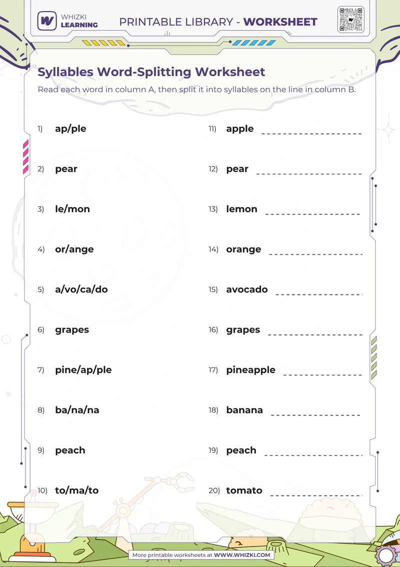 Syllables Word-Splitting Worksheet