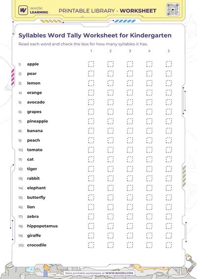 Syllables Word Tally Worksheet for Kindergarten