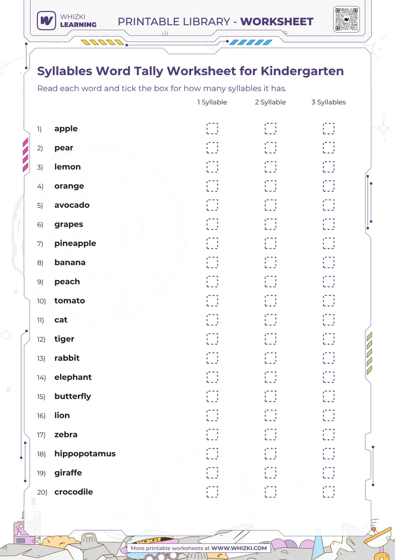Syllables Word Tally Worksheet for Kindergarten