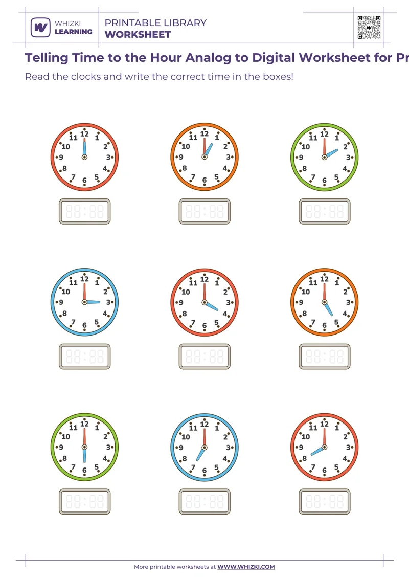 Telling Time to the Hour Analog to Digital Worksheet for Preschool