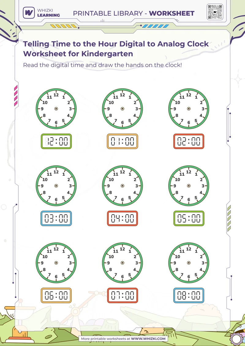 Telling Time to the Hour Digital to Analog Clock Worksheet for Kindergarten