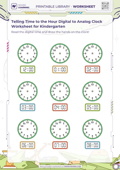 Telling Time to the Hour Digital to Analog Clock Worksheet for Kindergarten