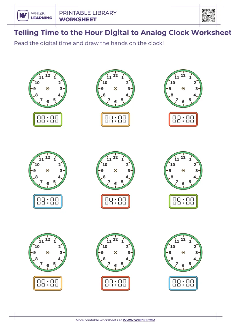 Telling Time to the Hour Digital to Analog Clock Worksheet for Kindergarten