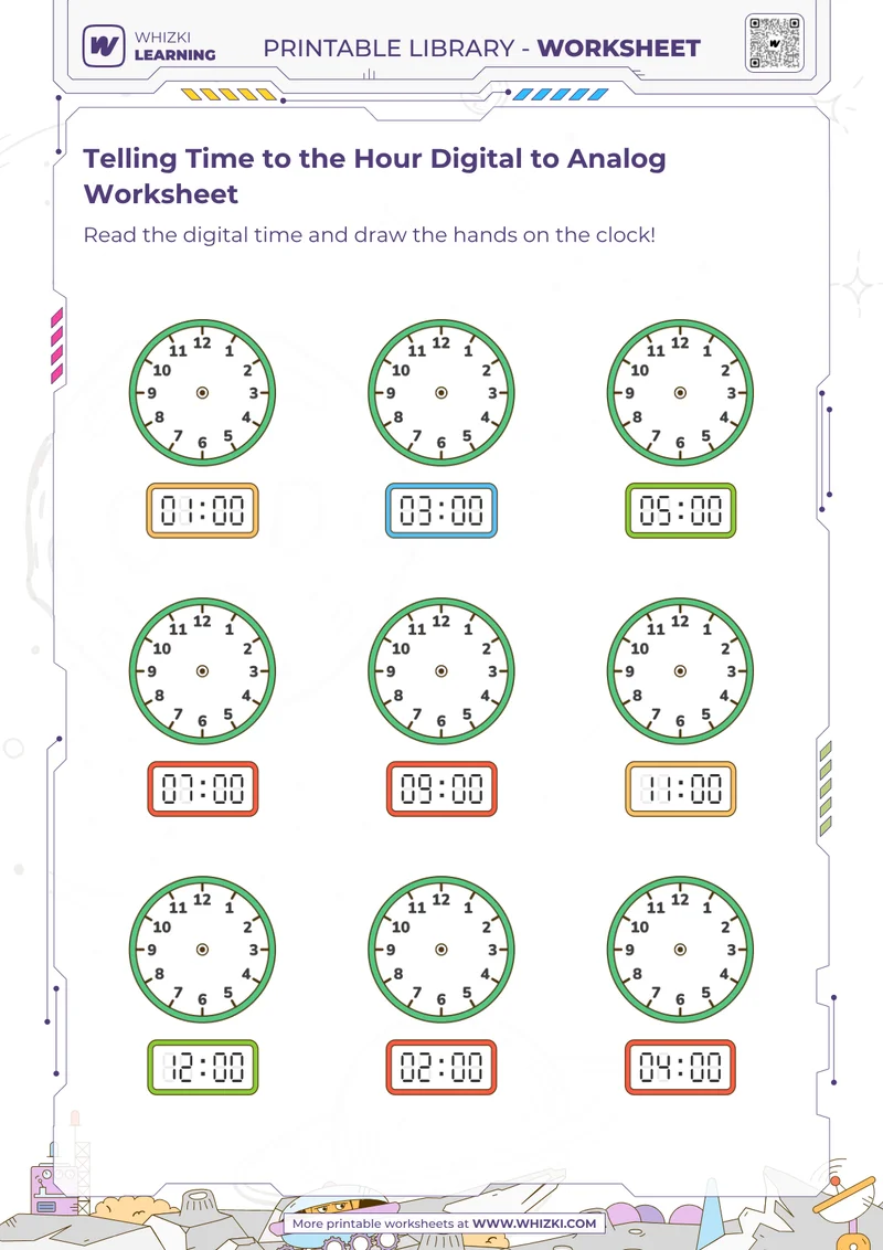 Telling Time to the Hour Digital to Analog Worksheet