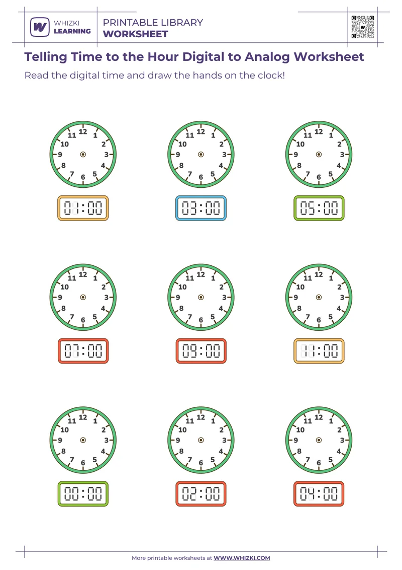 Telling Time to the Hour Digital to Analog Worksheet