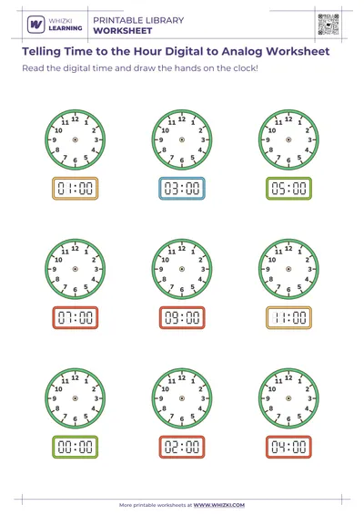 Telling Time to the Hour Digital to Analog Worksheet