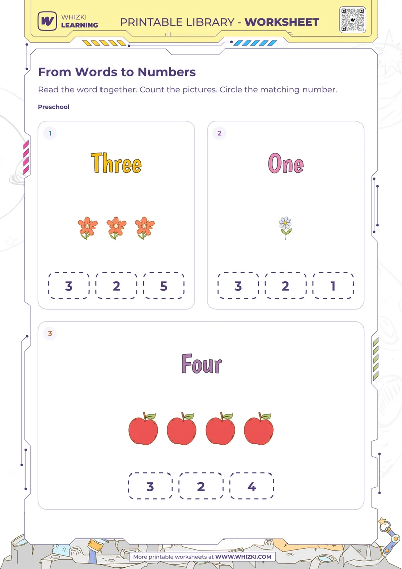Three, One, and Four Number Words Worksheet