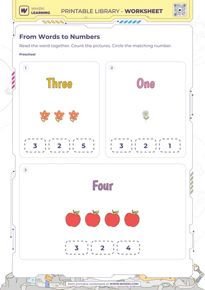 Three, One, and Four Number Words Worksheet
