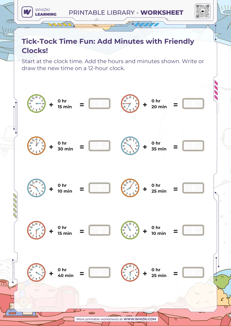 Tick-Tock Time Fun: Add Minutes with Friendly Clocks!