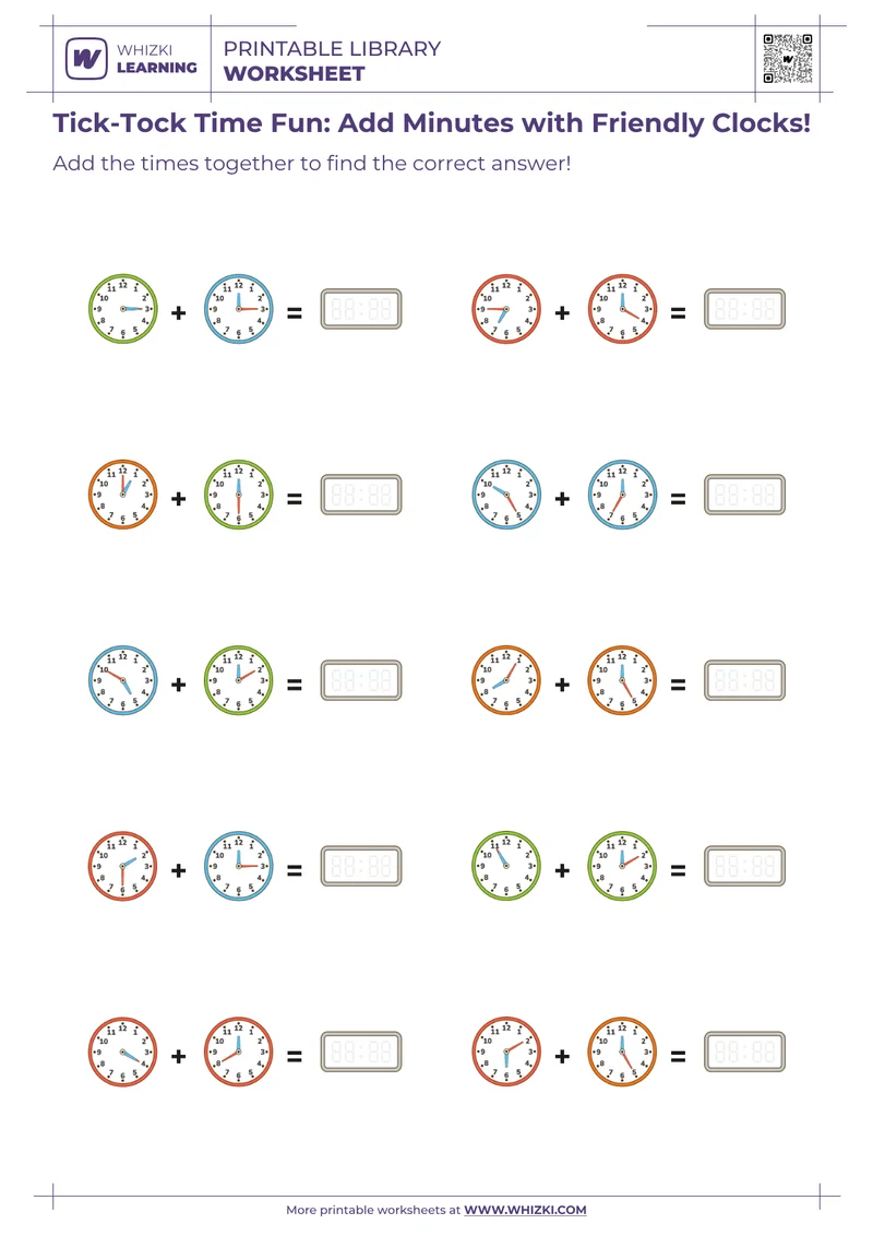 Tick-Tock Time Fun: Add Minutes with Friendly Clocks!