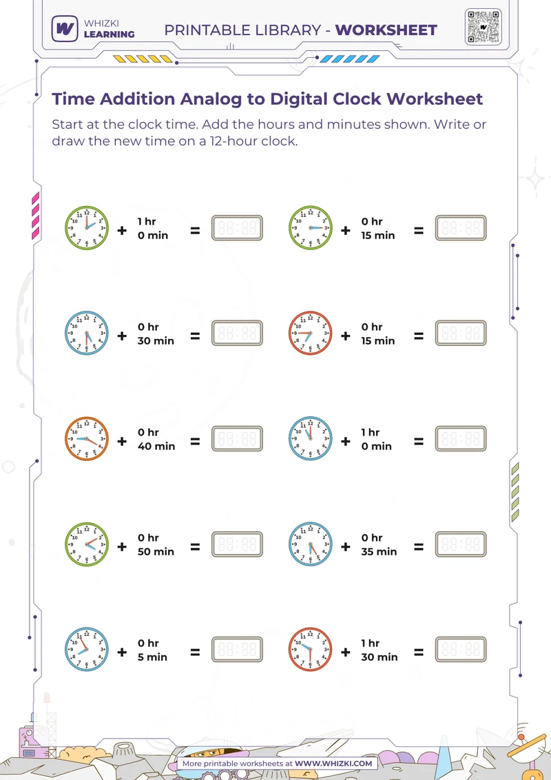 Time Addition Analog to Digital Clock Worksheet