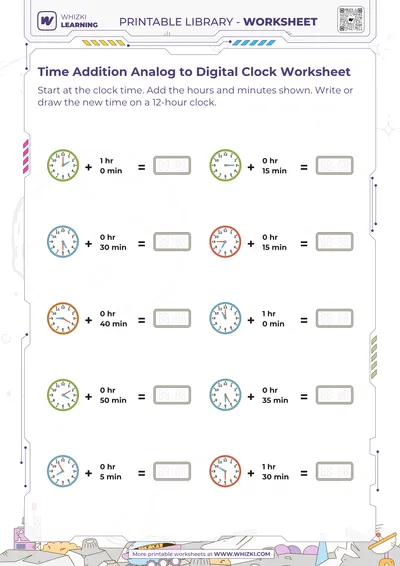 Time Addition Analog to Digital Clock Worksheet