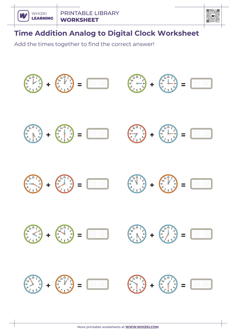 Time Addition Analog to Digital Clock Worksheet