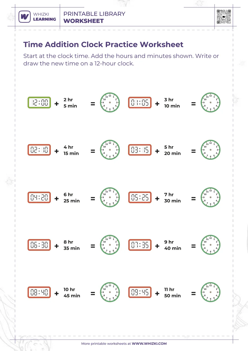 Time Addition Clock Practice Worksheet