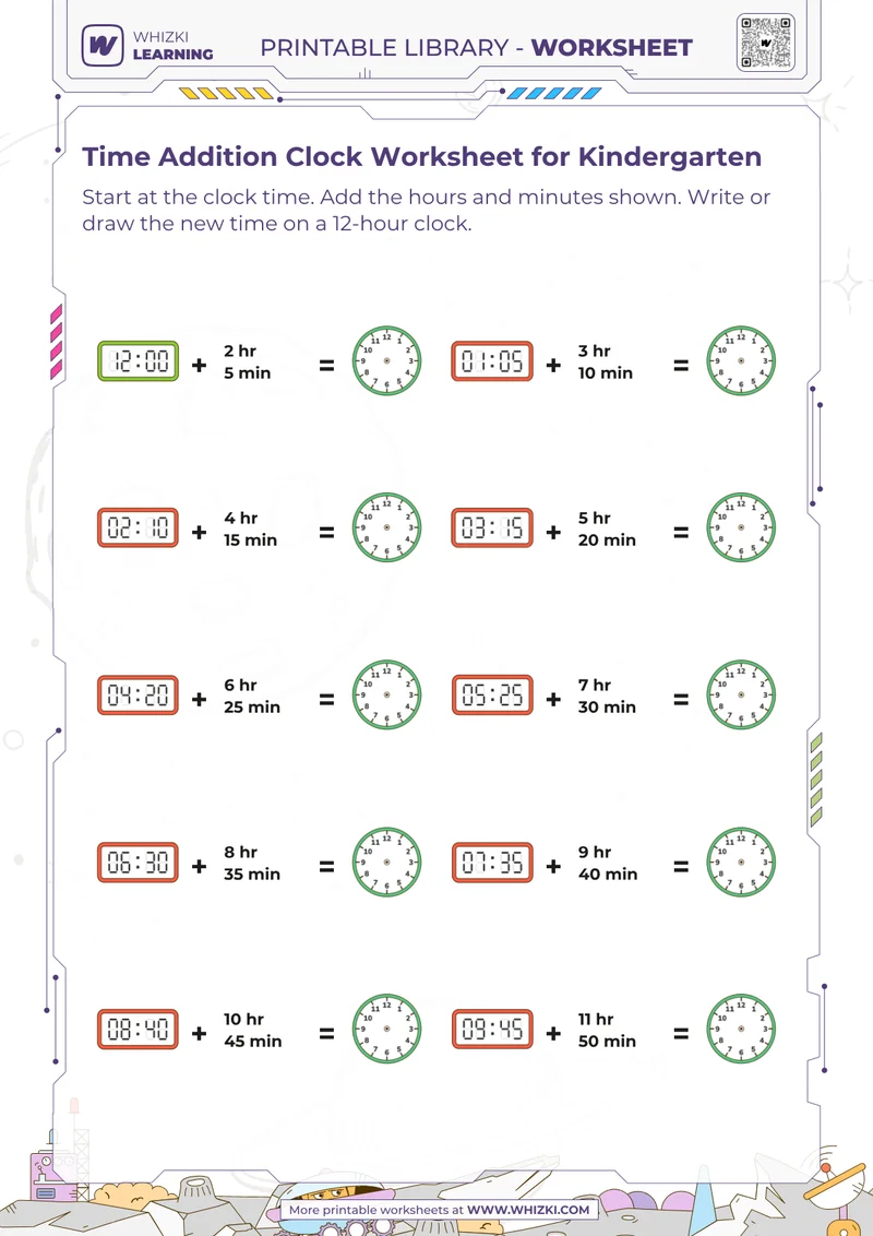 Time Addition Clock Worksheet for Kindergarten
