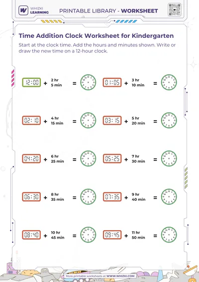 Time Addition Clock Worksheet for Kindergarten