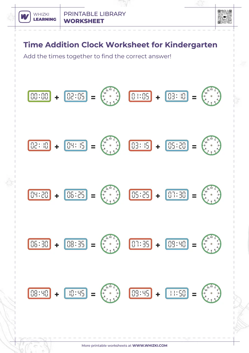 Time Addition Clock Worksheet for Kindergarten