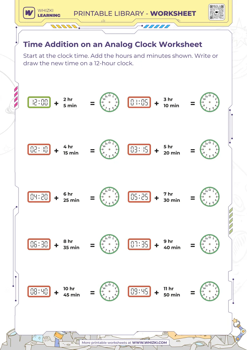 Time Addition on an Analog Clock Worksheet