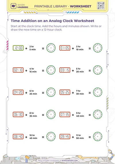 Time Addition on an Analog Clock Worksheet