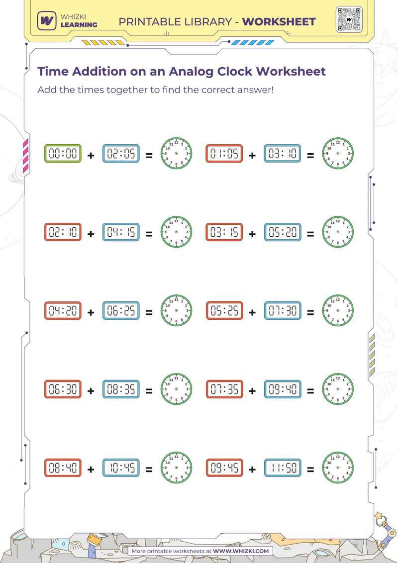 Time Addition on an Analog Clock Worksheet