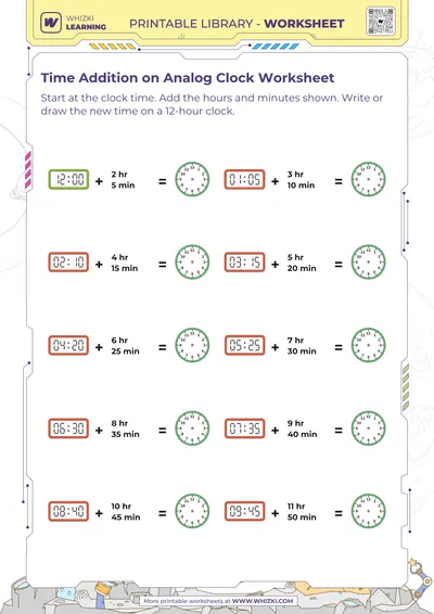 Time Addition on Analog Clock Worksheet