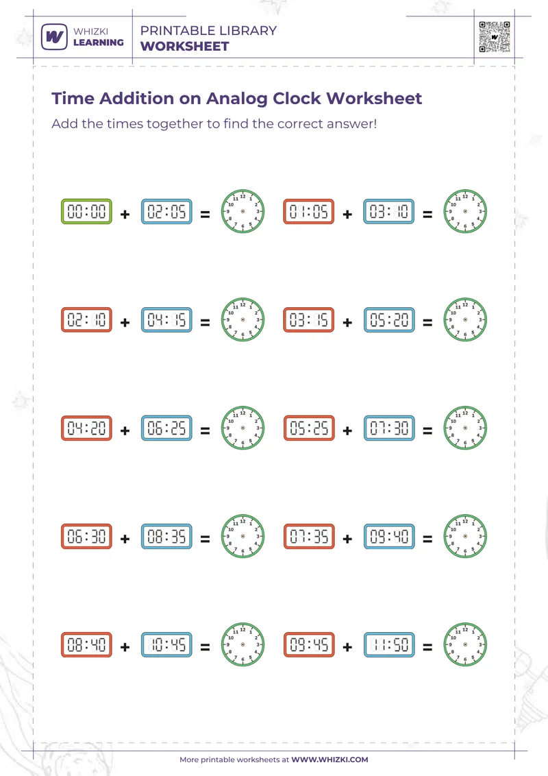 Time Addition on Analog Clock Worksheet