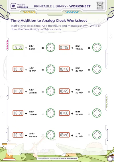 Time Addition to Analog Clock Worksheet