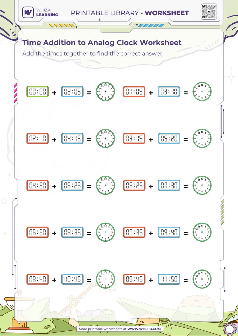 Time Addition to Analog Clock Worksheet