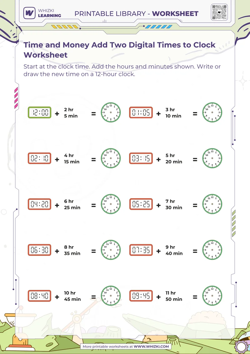 Time and Money Add Two Digital Times to Clock Worksheet