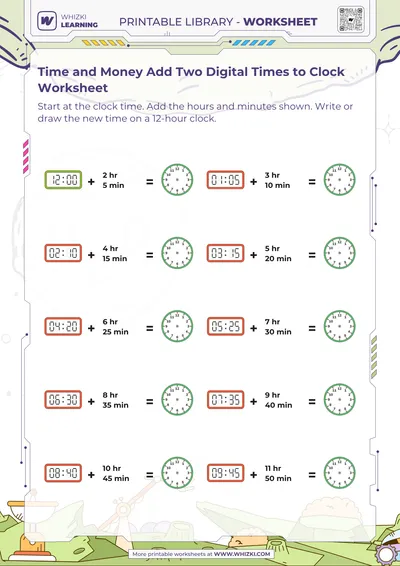 Time and Money Add Two Digital Times to Clock Worksheet