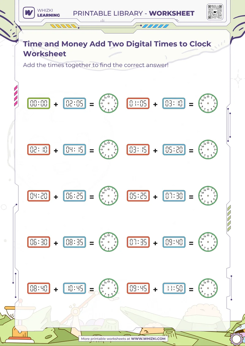 Time and Money Add Two Digital Times to Clock Worksheet