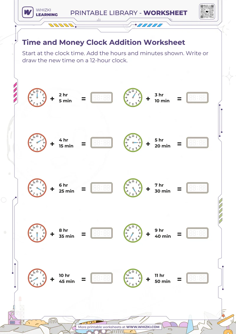 Time and Money Clock Addition Worksheet