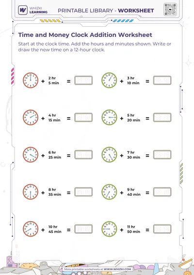 Time and Money Clock Addition Worksheet