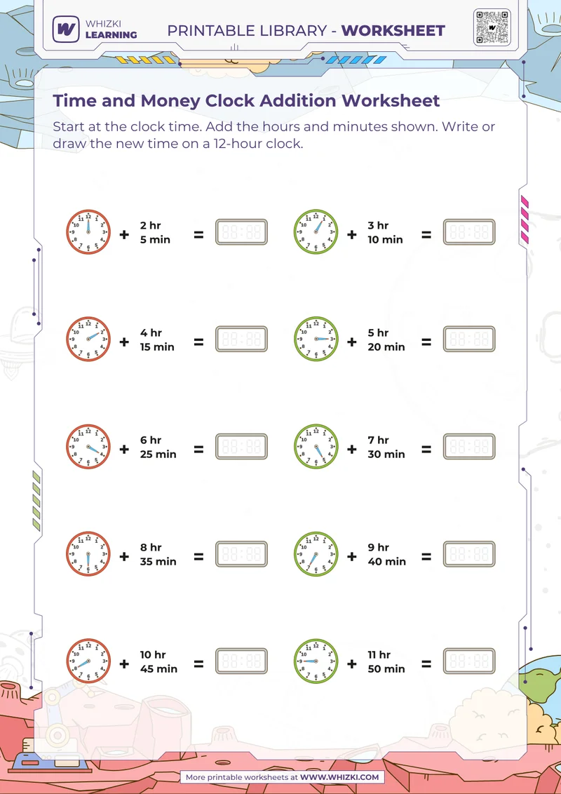 Time and Money Clock Addition Worksheet
