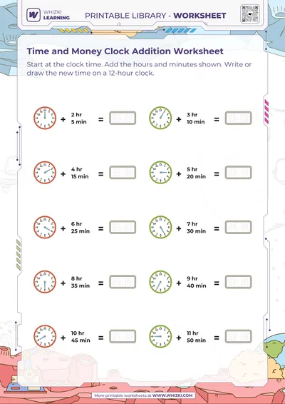 Time and Money Clock Addition Worksheet