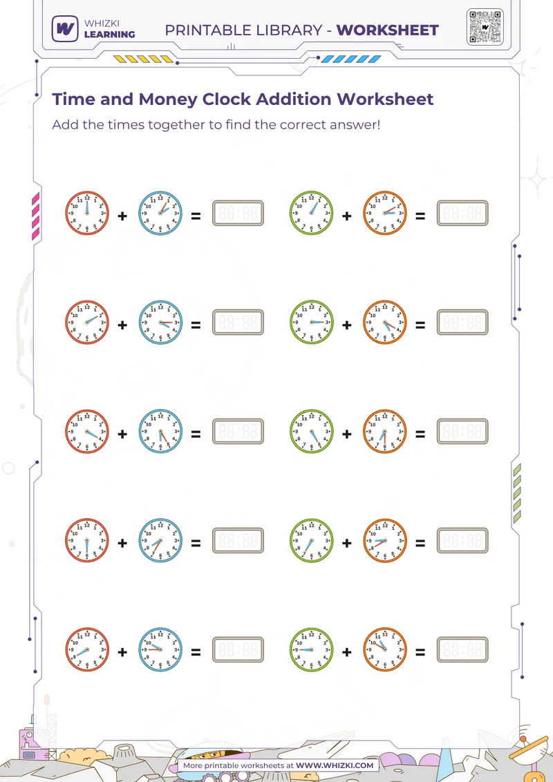 Time and Money Clock Addition Worksheet