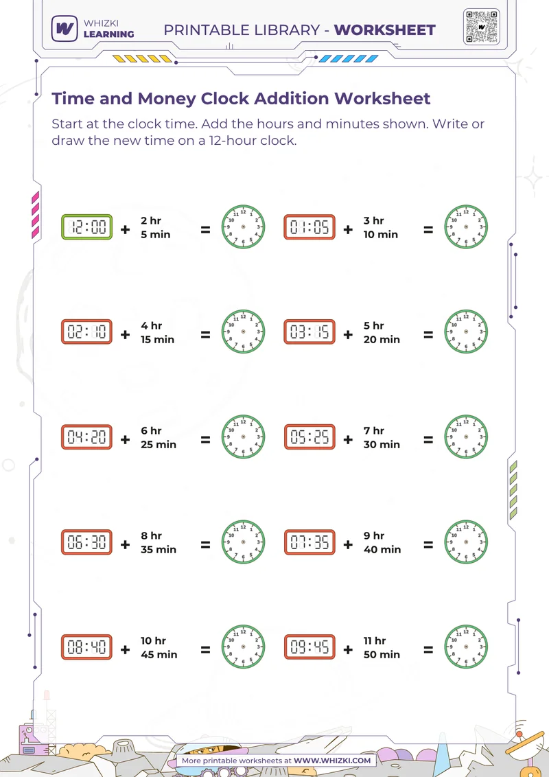 Time and Money Clock Addition Worksheet
