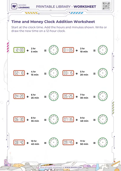 Time and Money Clock Addition Worksheet