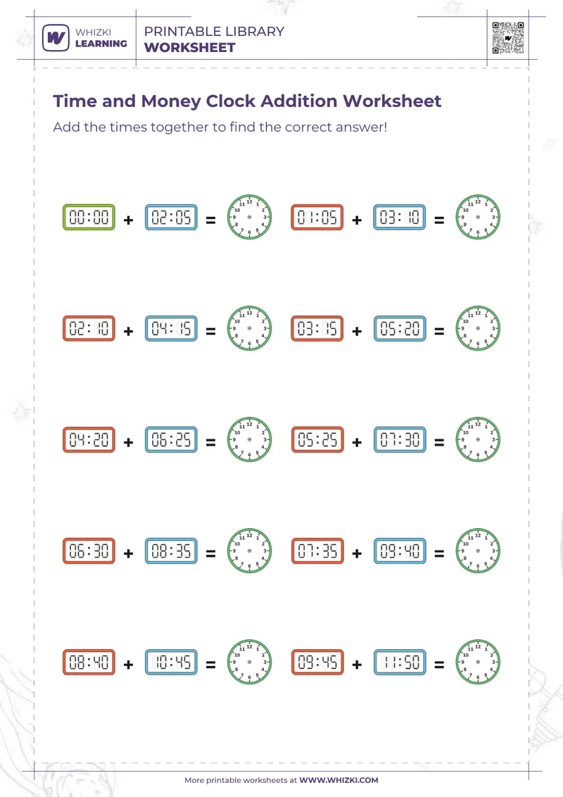 Time and Money Clock Addition Worksheet