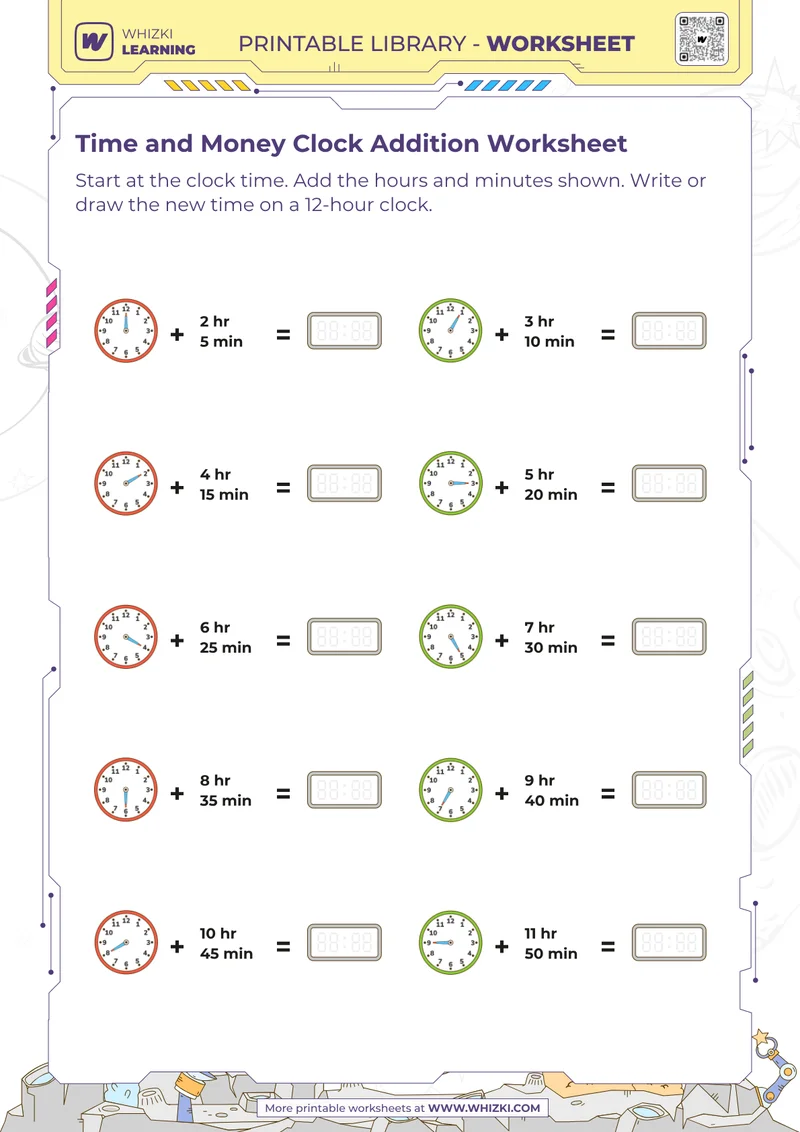 Time and Money Clock Addition Worksheet