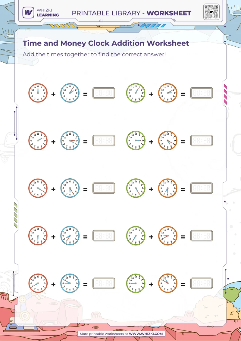 Time and Money Clock Addition Worksheet