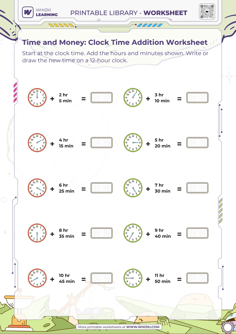 Time and Money: Clock Time Addition Worksheet