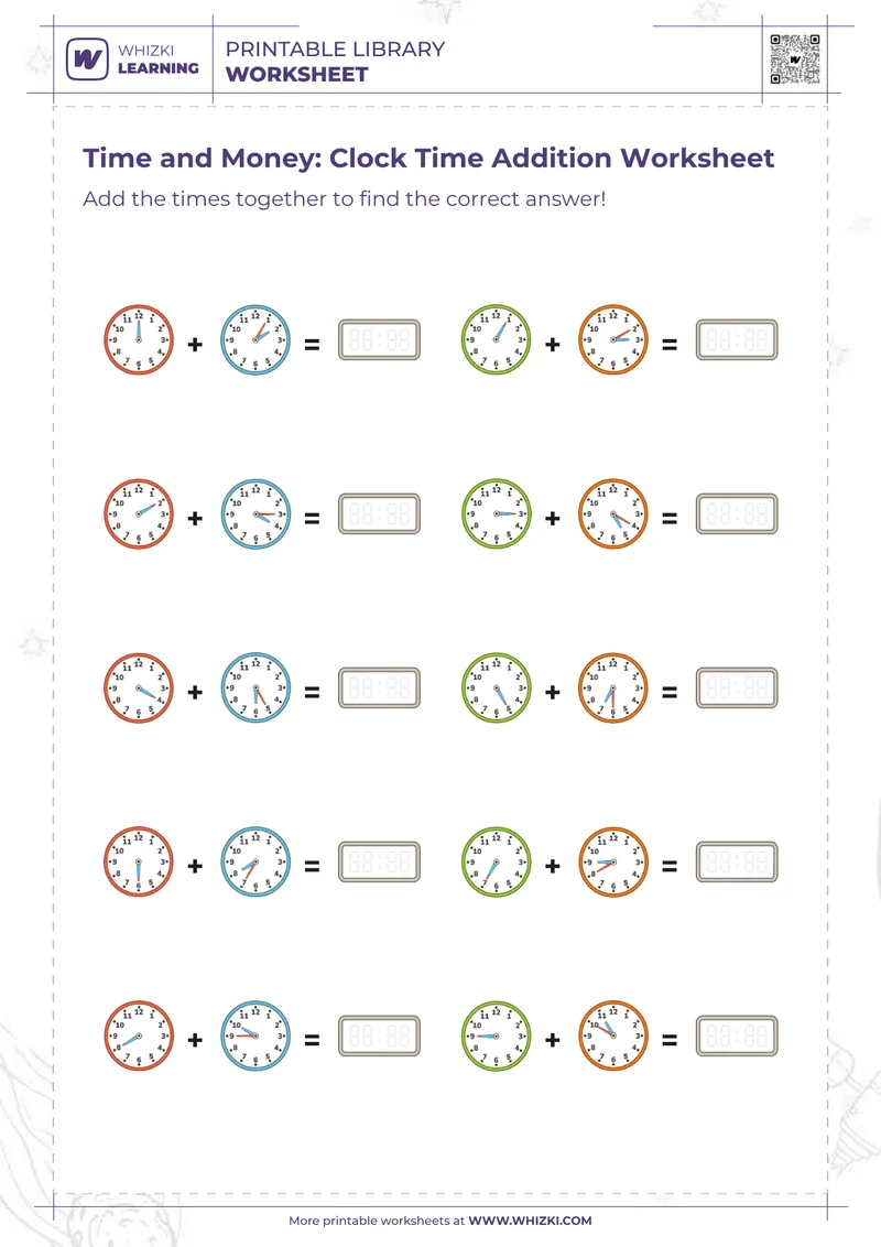 Time and Money: Clock Time Addition Worksheet