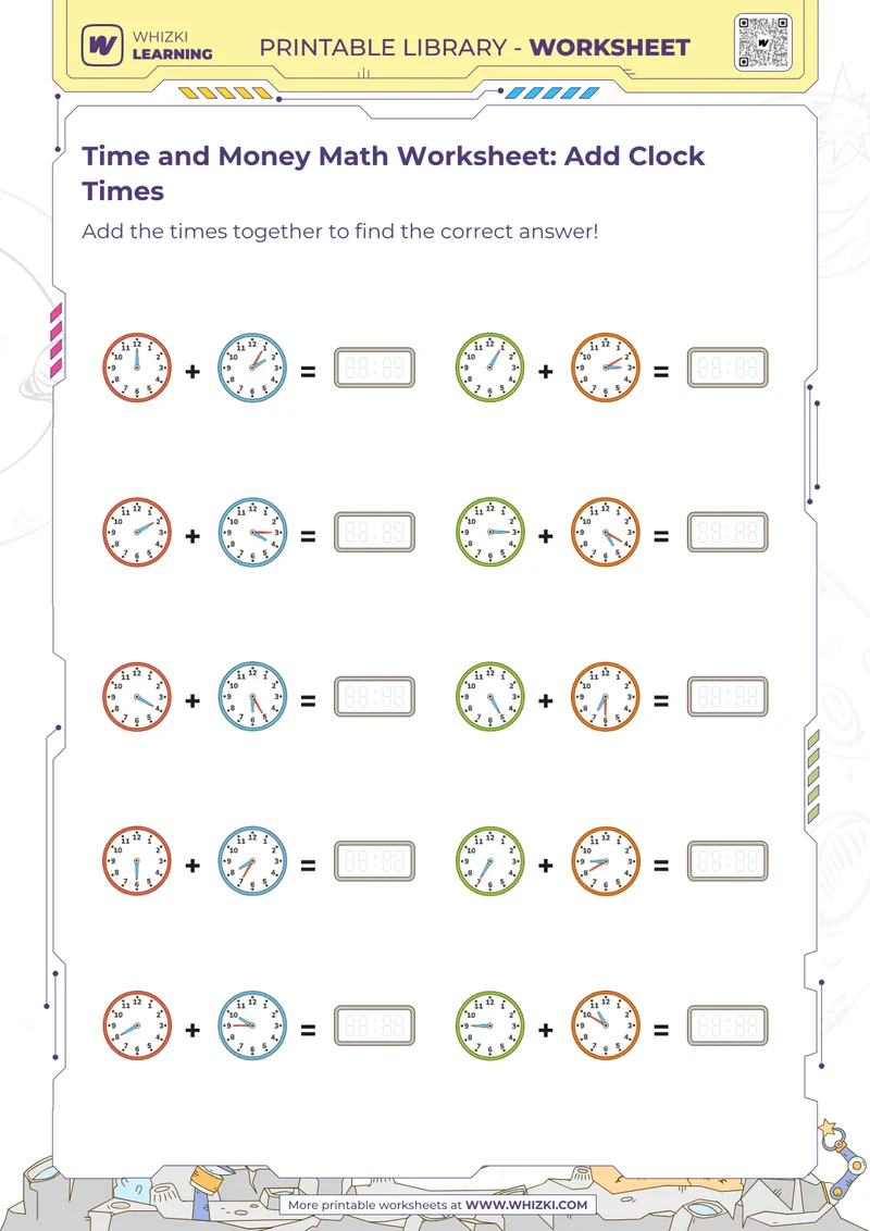 Time and Money Math Worksheet: Add Clock Times