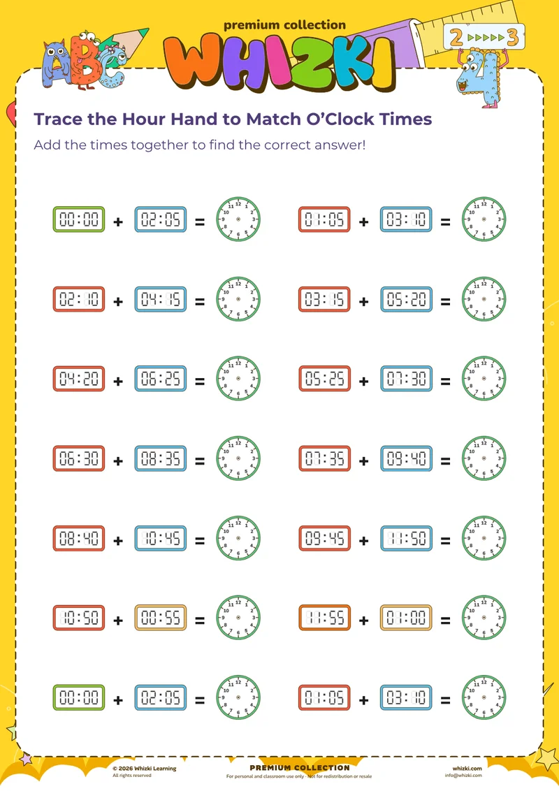 Trace the Hour Hand to Match O’Clock Times